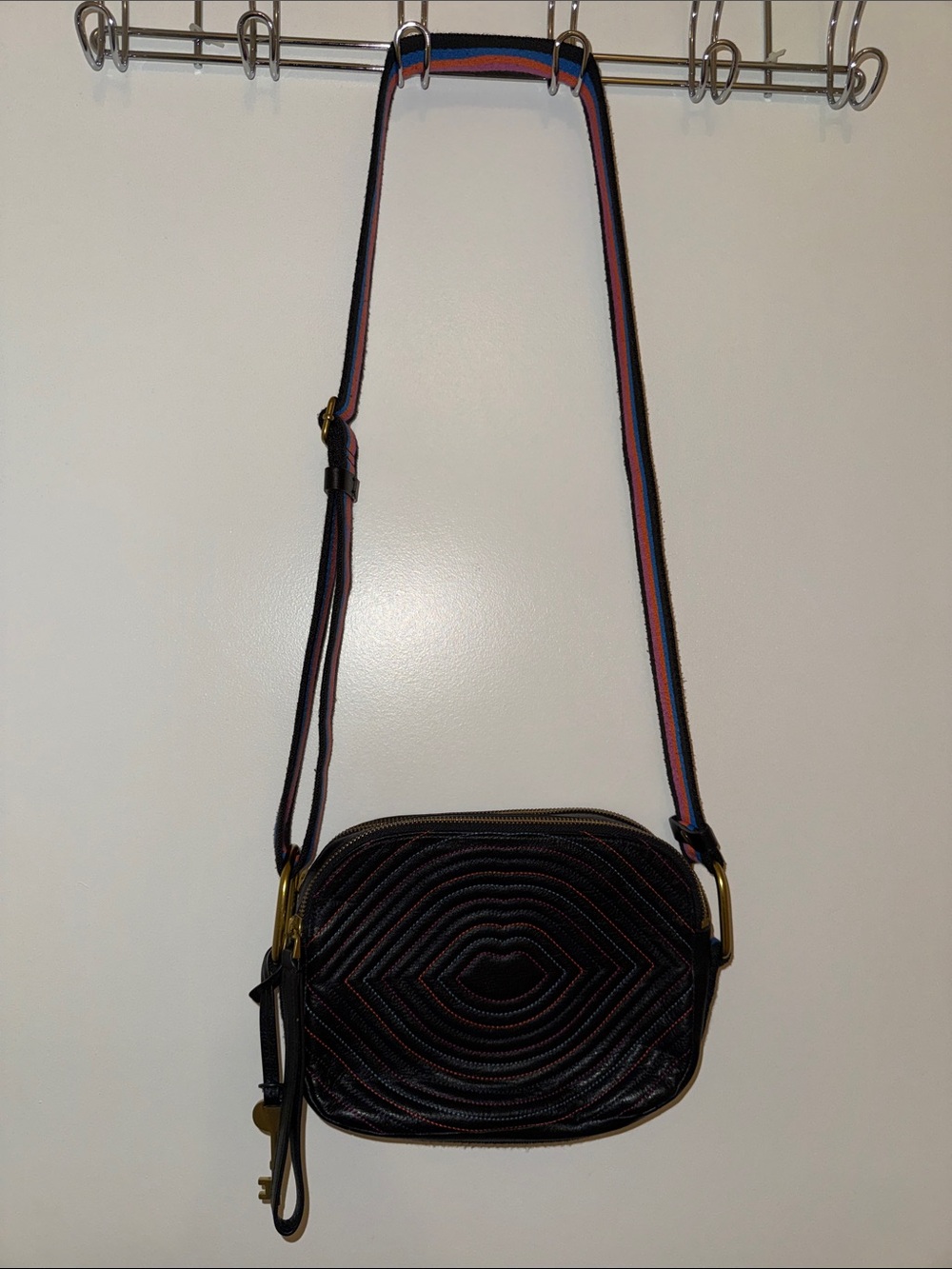 Fossil Black Quilted Crossbody with Red and Blue Stripe Strap